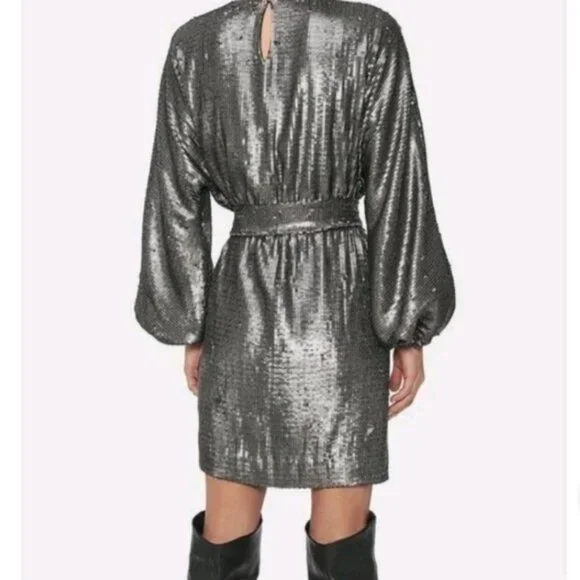 Anine Bing Angie Antique Silver Sequin Mini Dress Women's Cocktail Size XS - Picture 3 of 15
